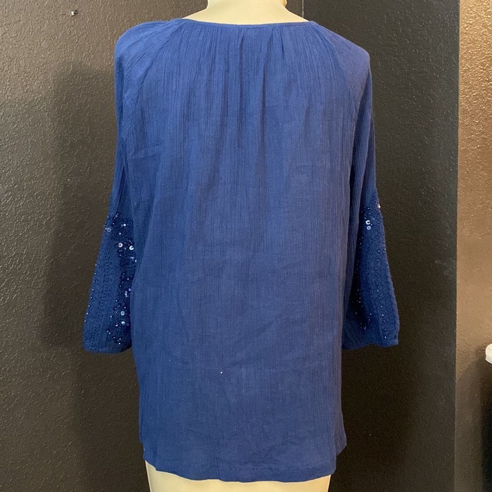 Tommy Bahama navy blue boho embroidered beaded 3/4 sleeve cotton gauze tunic top - Picture 7 of 8